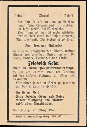 WW2 German Death card Sterbebild Neukrug Frische Nehrung April 1945 Vistula Spit