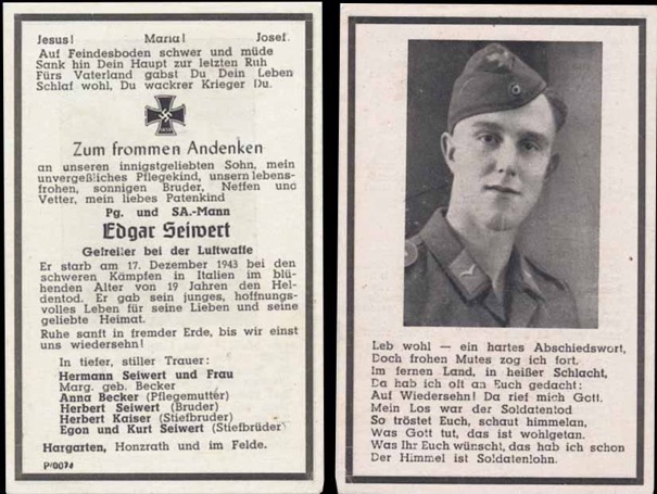 WW2 German Death Card Sterbebild SA NSDAP Member Luftwaffe Italy