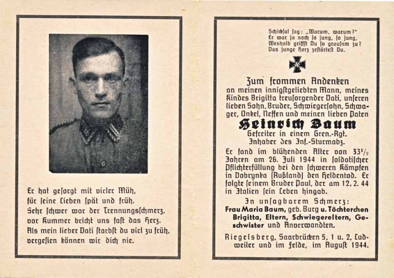 WW2 German Death Card Sterbebild NSKK Heinrich Baum