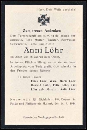WW2 German Death Card Sterbebild Female killed aerial bombing Neuwied 1944