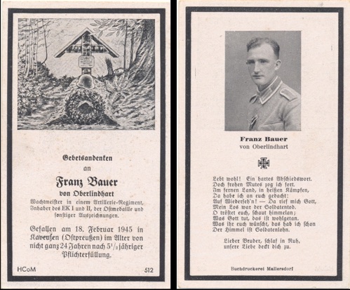 WW2 German Death Card Sterbebild East Prussia 1945 Artillerie
