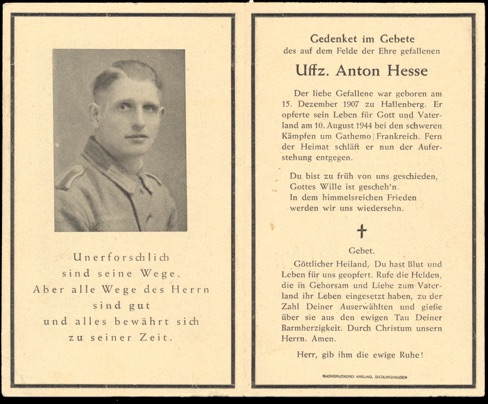 WW2 German Death Card Sterbebild Gathemo France August 1944