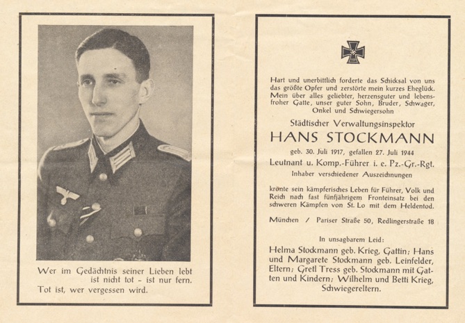 WW2 German Death Card Sterbebild Panzer Grenadier St Lo July 1944 Leutnant