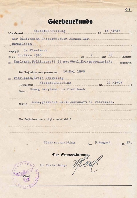 WW2 German Army Wehrpass death certificate