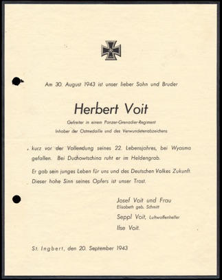 WW2 German Wehrpass Nachlass Voit Death Notice Card Sterbebild