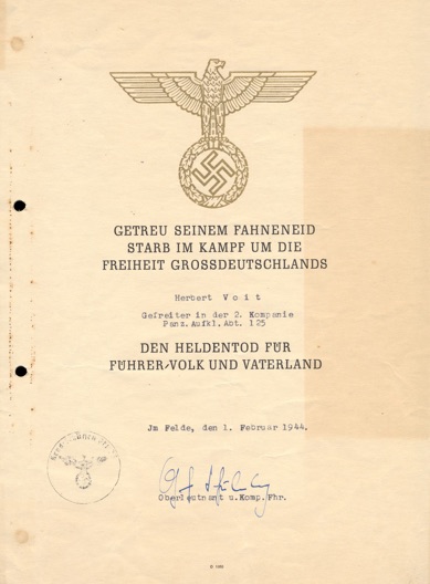 WW2 German Award Document recognizing his sacrifice for the Fatherland