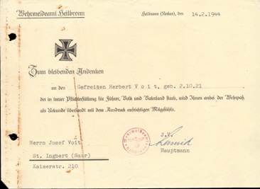 WW2 German Notification of the return of the Wehrpass