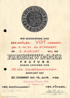 WW2 German HJ Freischwimmer Award Document Certificate