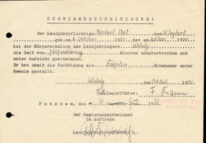 WW2 German HJ Freischwimmer Advanced Award Document Certificate