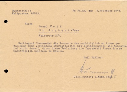 Letter of the sending of the General Assault Badge Document