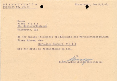 Letter of the sending of the Black Wound Badge Document