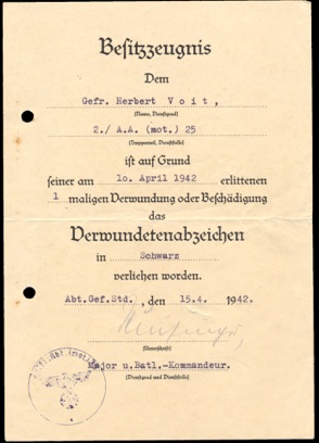 WW2 German Black Wound Badge Document Verwundetenabzeichen Schwarz Aufkl. Abt. 25
