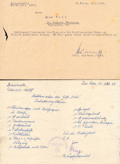WW2 German Letter of the return of Herbert Voit's personal belongings Nachlass Inventory